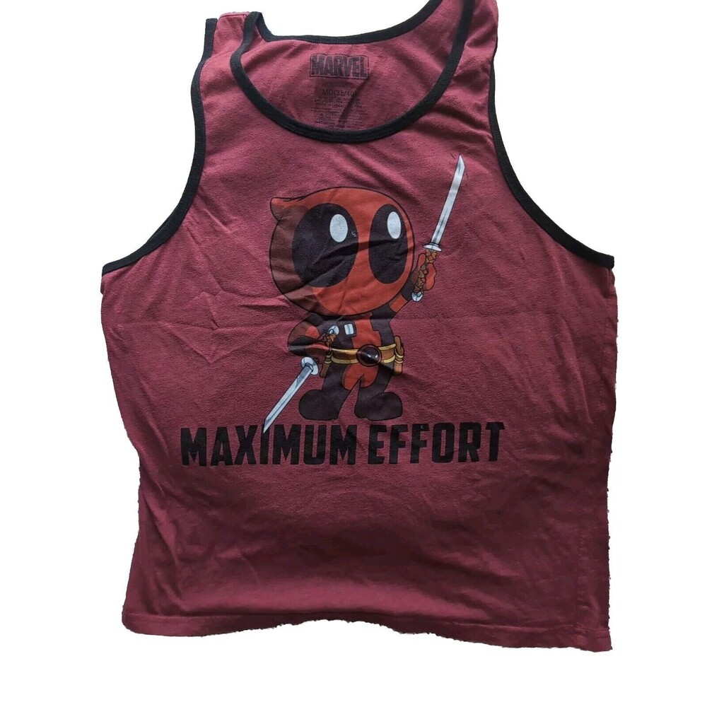 Marvel Men's Medium Red Sleeveless Graphic Tank Top Dead Pool " Maximum Effort"